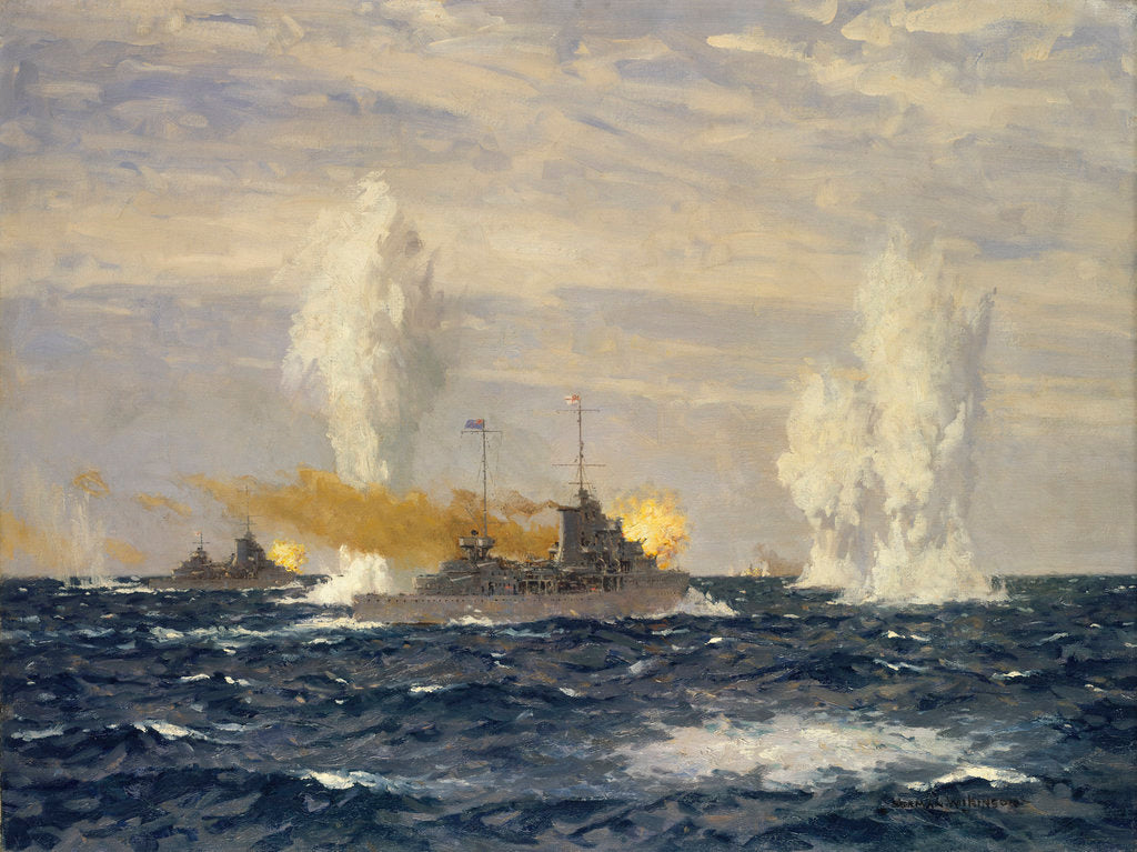 Detail of Action off the River Plate, 13 December 1939: pursuit of the 'Admiral Graf Spee' by Norman Wilkinson