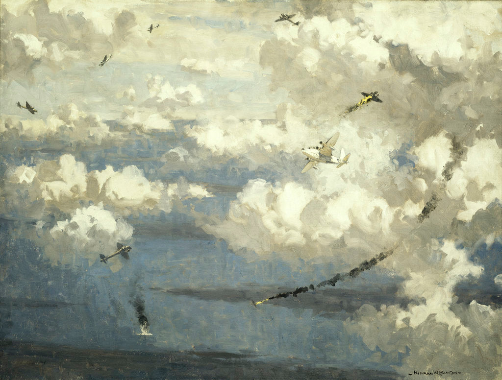 Detail of Air battle between a Sunderland flying boat and eight JU 88s by Norman Wilkinson