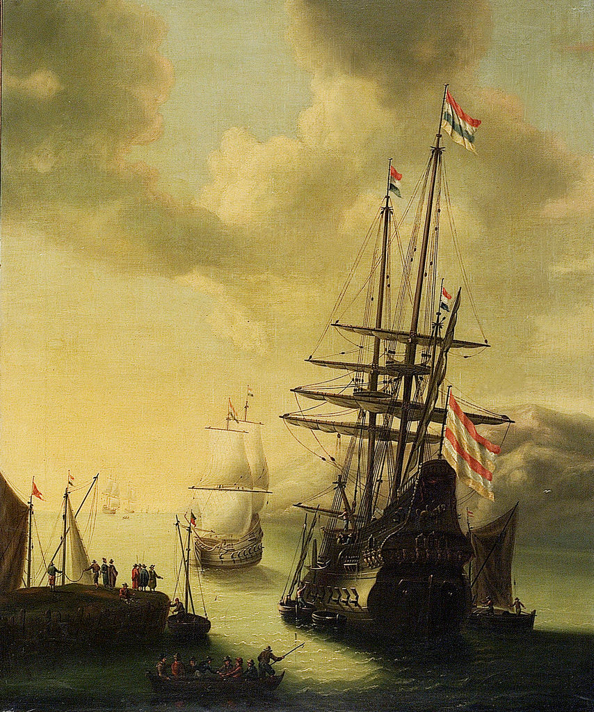 Detail of Dutch men-of-war in harbour by J. Browne