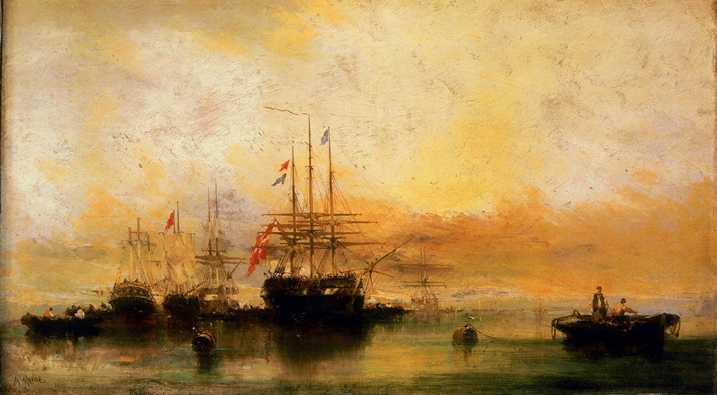 Detail of A Danish ship and other vessels becalmed by William McAlpine