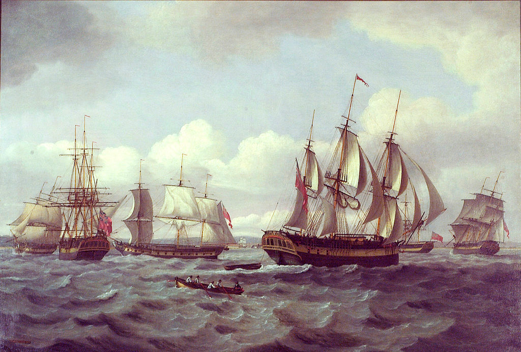 Detail of The ship 'Castor' and other vessels in a choppy sea by Thomas Luny