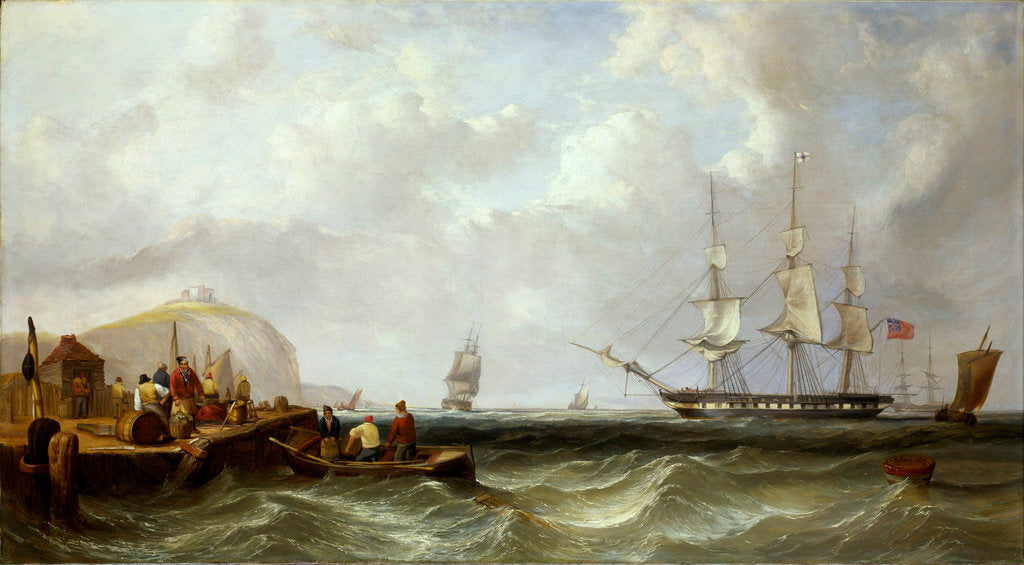Detail of The Blackwall frigate 'Owen Glendower' at anchor off a coastline by G. W. Butland