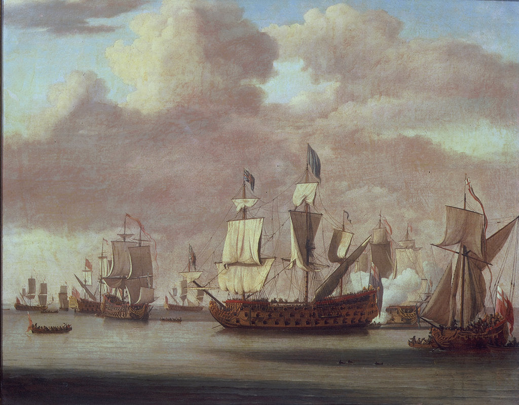 Detail of Calm: HMS 'Royal James', a royal yacht and other shipping by Willem van de Velde the Elder