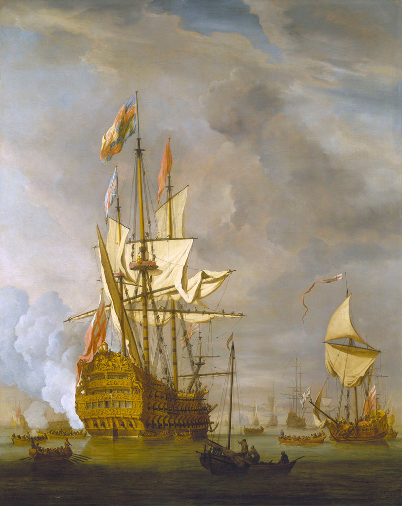 Detail of Calm: HMS 'Royal Sovereign' with a Royal yacht in a light air by Willem Van de Velde the Younger