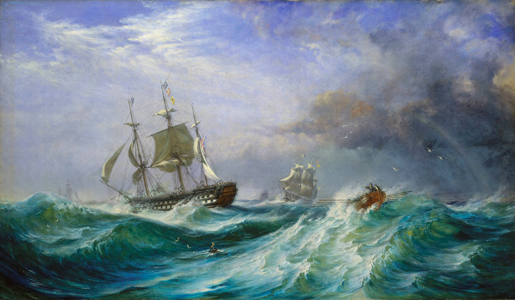 Detail of Man overboard: Rescue launch from HMS 'St Jean d'Acre' by Oswald Walter Brierly