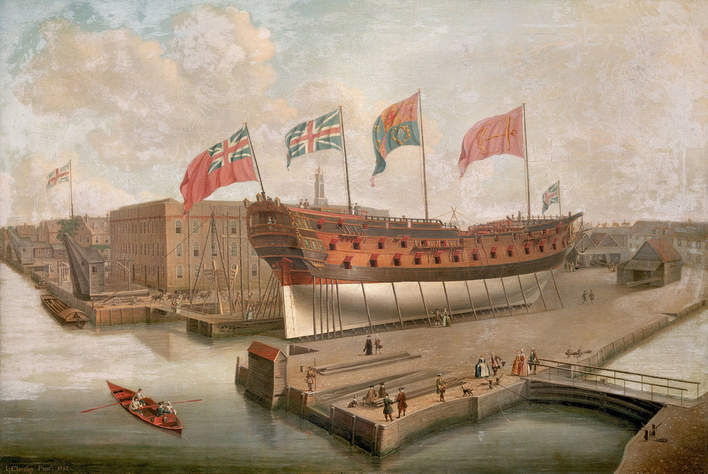 Detail of HMS 'Buckingham' on the stocks at Deptford by John Cleveley