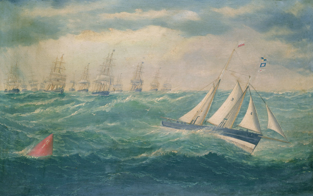 Detail of Liverpool pilot schooner No 2, the Leader, leading a fleet of vessels over the Mersey bar during a gale, 8 February 1881 by William Howard Yorke