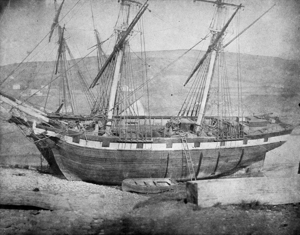 Detail of Broadside view of two unidentified vessels at low tide by unknown