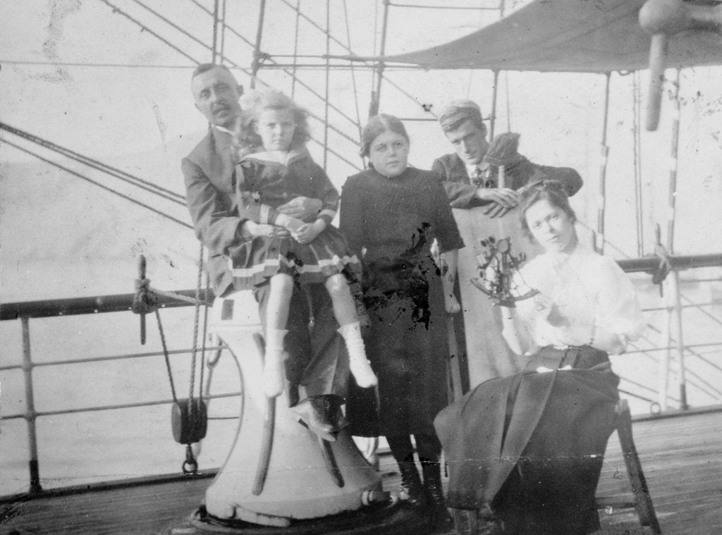 Detail of Group portrait including Mr Hill of the Seamen's Institution on deck, at Iquique, Chile by unknown
