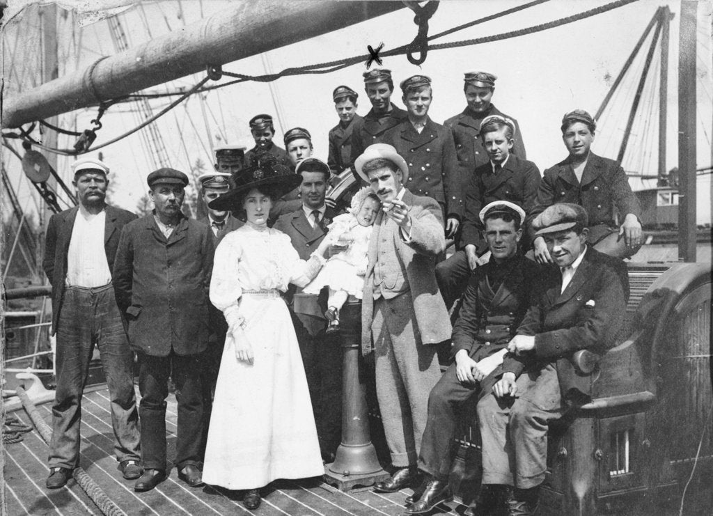 Detail of Group portrait with Captain H.J. Bray and family, also apprentices (including Owen Lloyd marked with an X) on deck, at Fraser River Mills, British Columbia, Canada by unknown