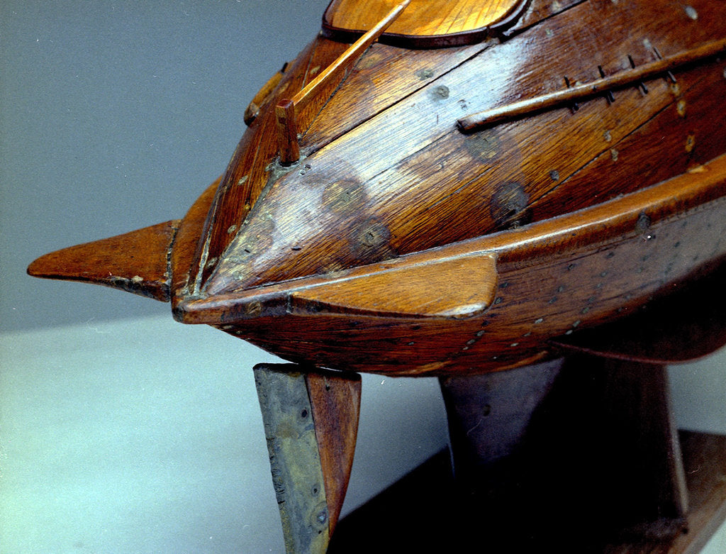 Detail of Full hull model, life-saving capsule, starboard stern quarter, rudder detail by R. F. Wells