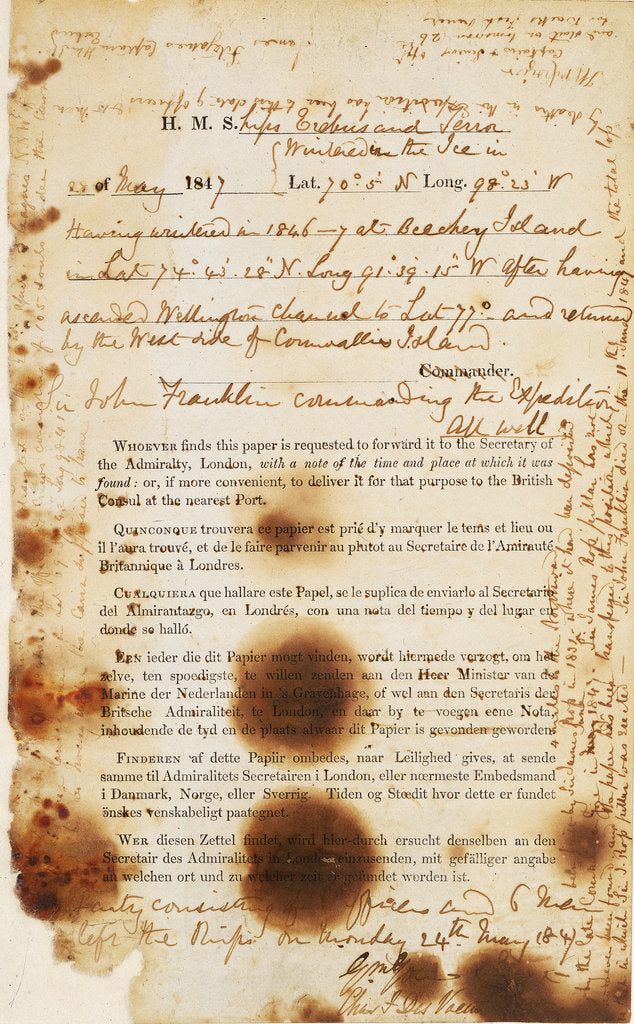 Detail of Message found by the McClintock Expedition near Point Victory, North-West Coast of King William Island, detailing the fate of the Franklin Expedition by unknown