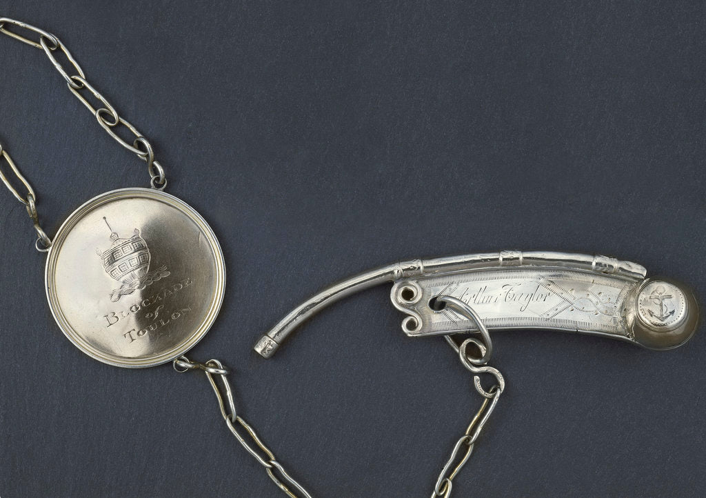 Detail of Silver presentation boatswain's call with a medallion commemorating the Blockade of Toulon. by Henry Croswell