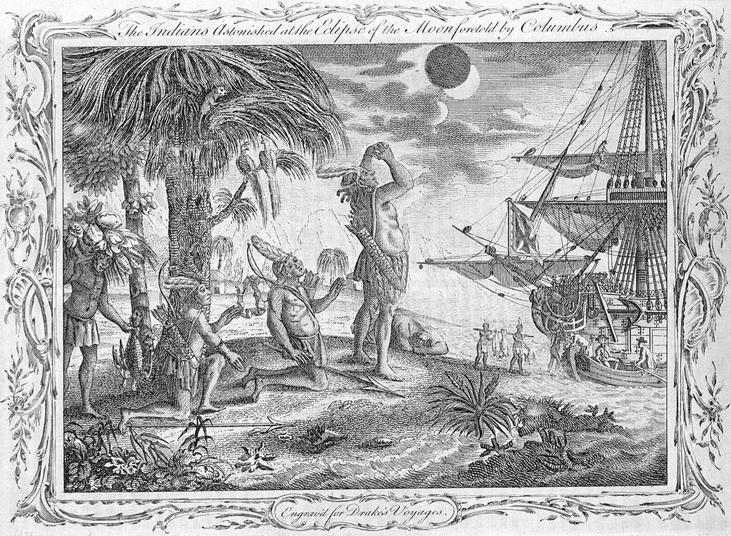 Detail of Christopher Columbus's voyage. The Indians astonished at the Eclipse of the Moon foretold by Columbus. Engraved for Drake's Voyages. by unknown
