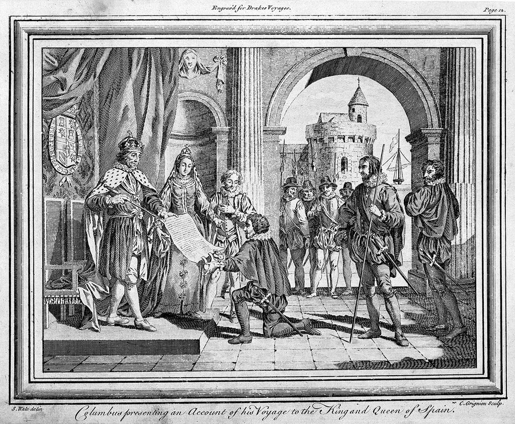 Detail of Columbus presenting an account of his voyage to the King and Queen of Spain. Engraved for Drake's Voyages. by Samuel Wale