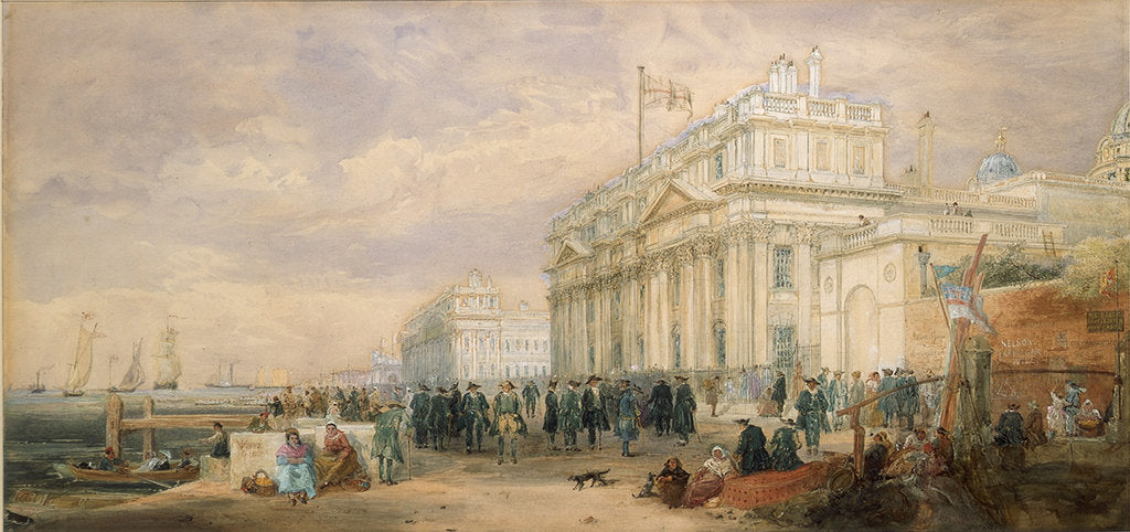 Detail of Greenwich Hospital, showing buildings and Greenwich pensioners by James Holland