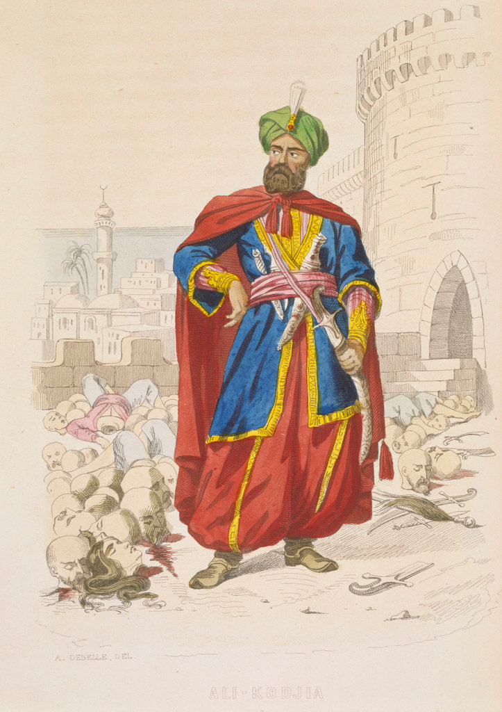 Detail of Ali Khoja, ruler of Algiers 1816-1818, resplendent in a green turban and wearing a fine sword, is surrounding by the severed heads of vanquished enemies after the bombardment of 1816 by A. Catel