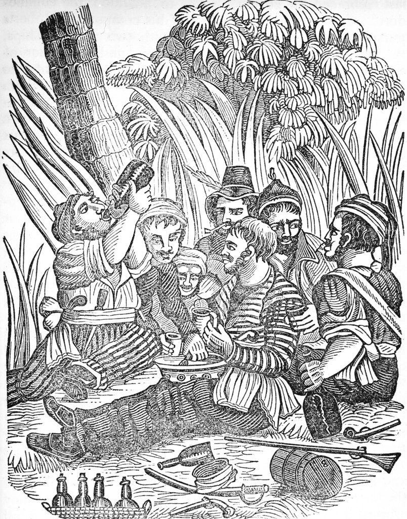 Detail of Bartholomew Roberts (1682-1722) or 'Black Bart''s pirate crew carouses at Old Calabar river in West Africa. by unknown