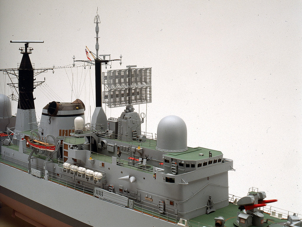 Detail of Type 42 destroyer, HMS Sheffield (1971), starboard superstructure detail by John R. Haynes