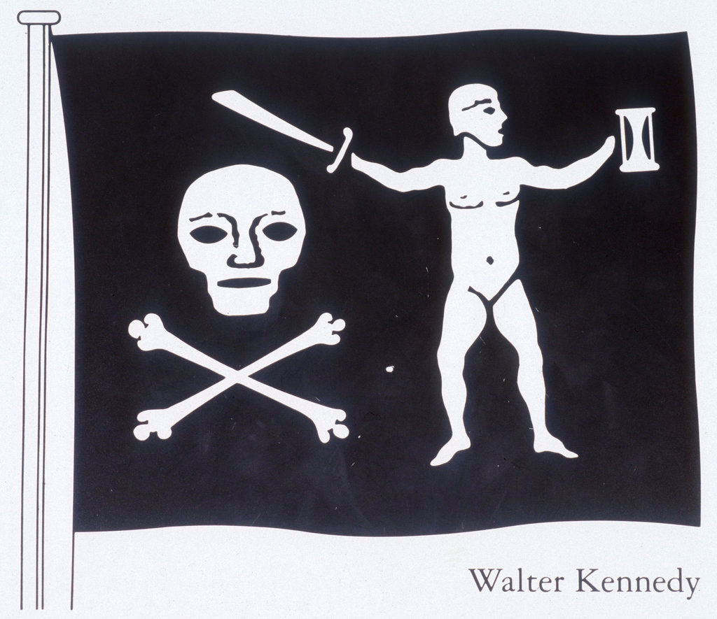 Detail of The Jolly Roger of Walter Kennedy (died 19 July 1721), Irish pirate who served under Howell Davis and Bartholomew Roberts, featuring skull and crossbones, sword and sailor on the flag by unknown