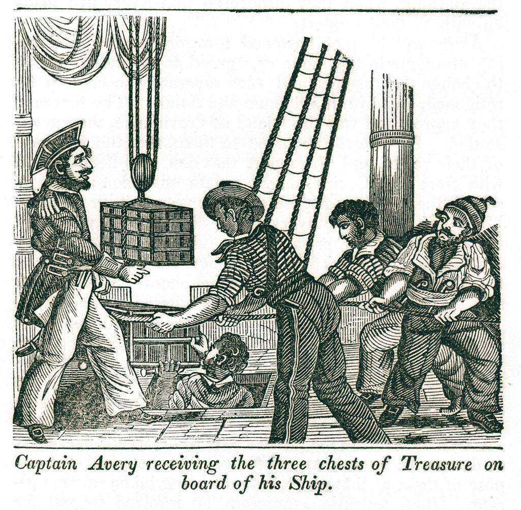 Detail of Captain Henry Avery loads treasure chests onto his ship by unknown