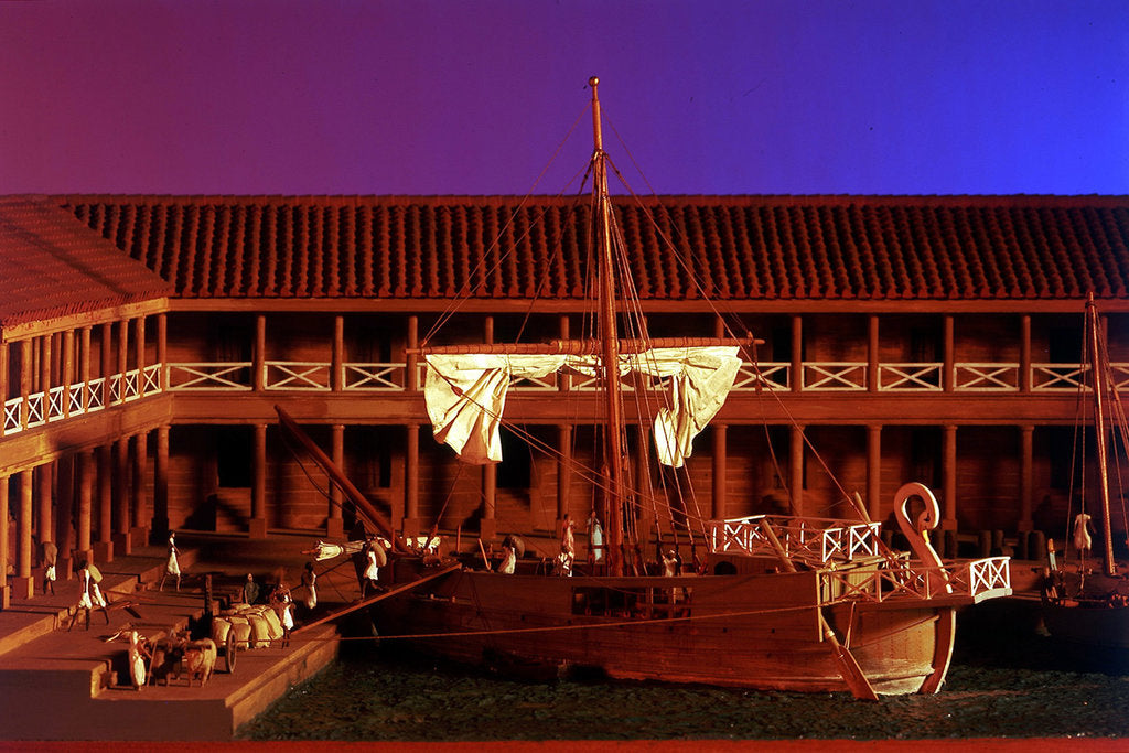 Detail of Topographic model, Roman Port of Lepis Magna, detail of Roman Merchantman by Kenneth Britten