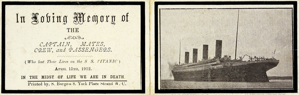 Detail of Memorial card for 'Titanic' (1912) by S Burgess