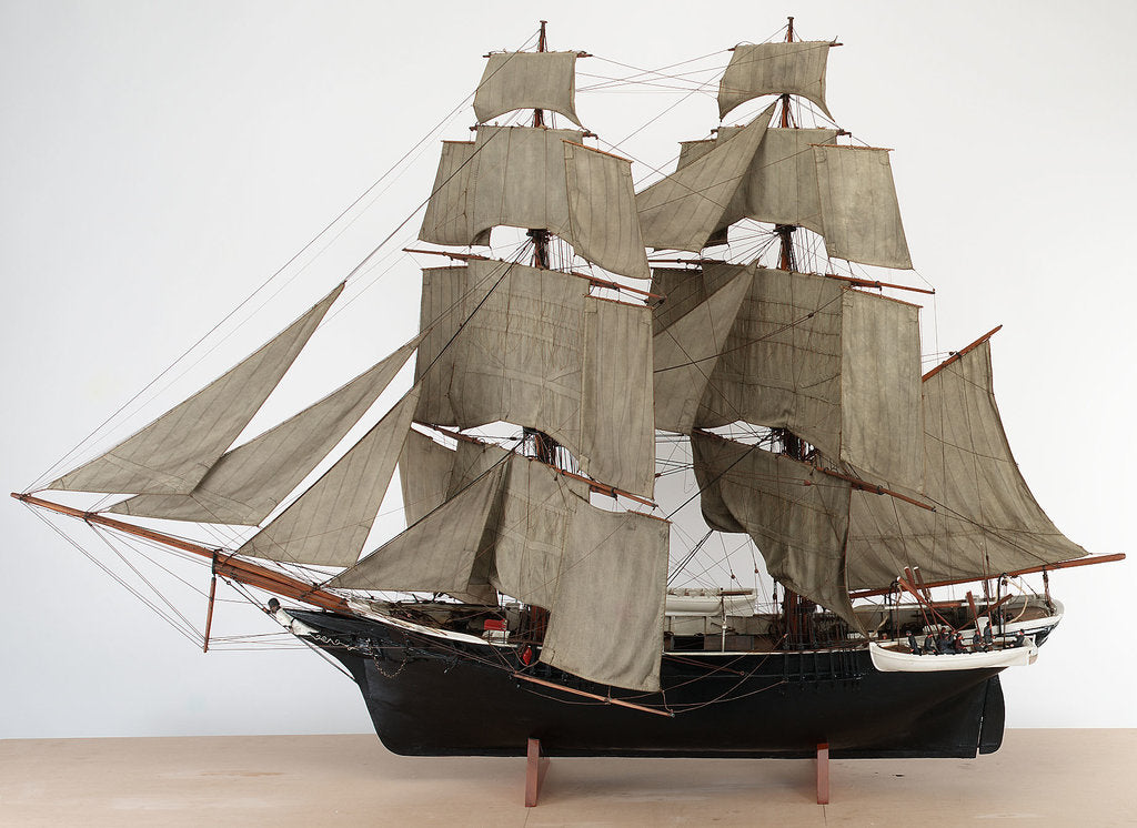 Detail of A full hull model of a Merchant sailing brig, circa 1840 by Unknown