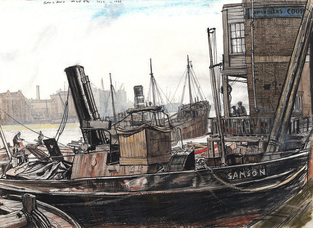 Detail of The Thames at the Angel, with the tug 'Samson' in the foreground by Rowland Hilder