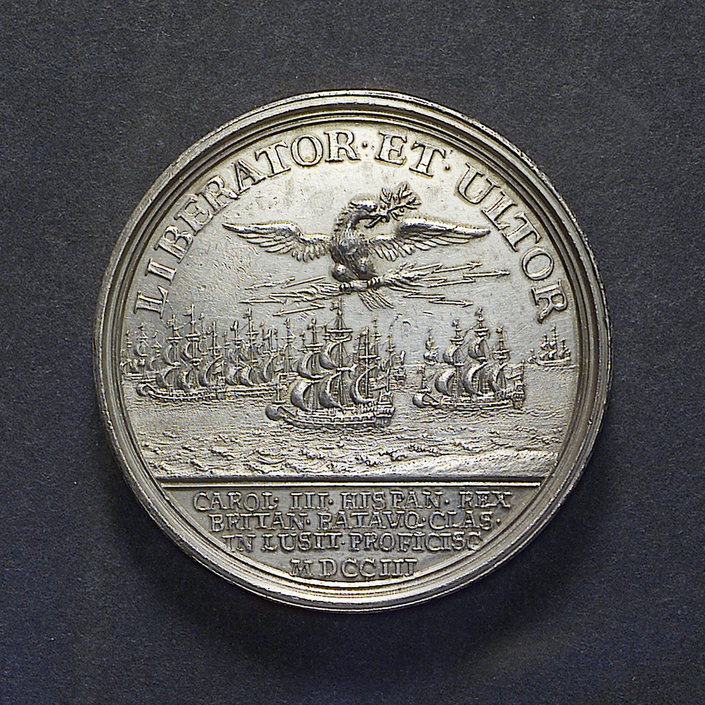 Detail of Medal commemorating the departure of King Charles III of Spain for Portugal, 1703; reverse by J. Boskam