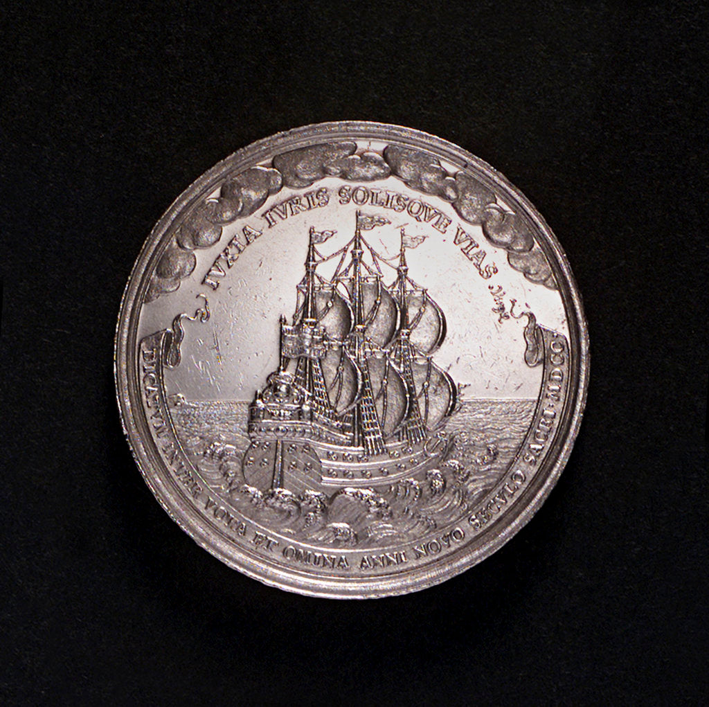 Detail of Medal commemorating the proposed departure of Archduke Charles III for Barcelona, 1700; reverse by M. Brunner