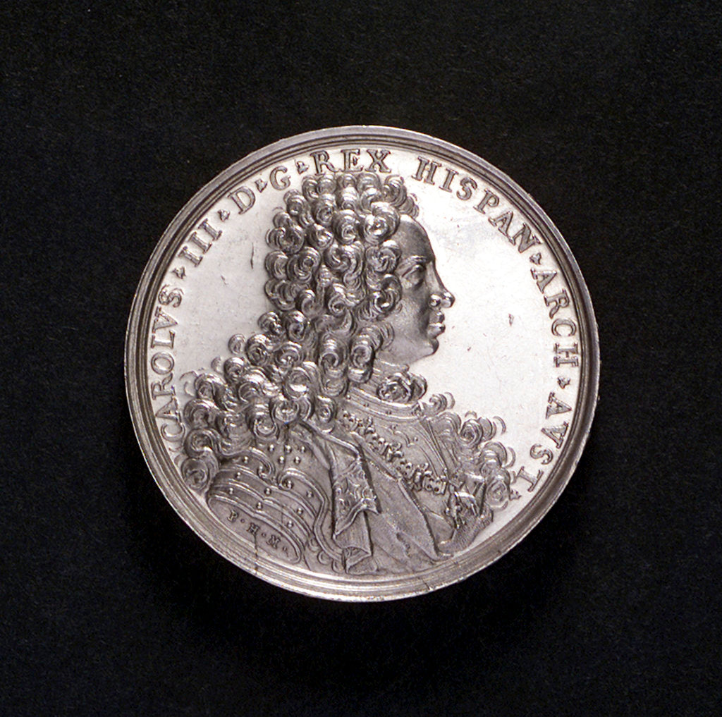 Detail of Medal commemorating the capture of Barcelona, 1705; obverse by P.H. Muller