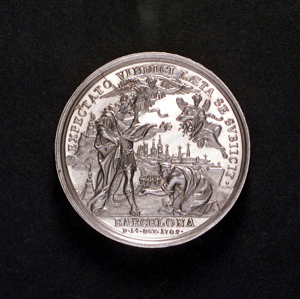 Detail of Medal commemorating the capture of Barcelona, 1705; reverse by P.H. Muller