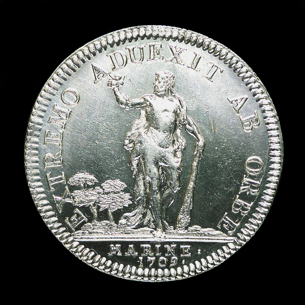 Detail of Counter commemorating the safe return of the French West Indian Fleet, 1708; reverse by T. Bernard