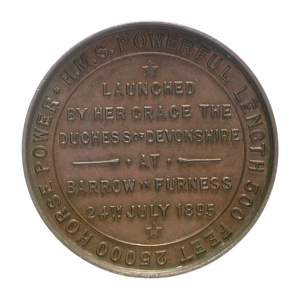 Detail of Medal commemorating the launch of HMS 'Powerful'; reverse by W.T. Story