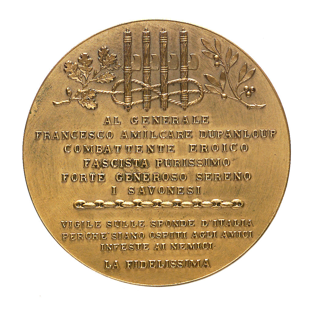 Detail of Medal commemorating General Francesco Amilcare Dupanloup from the inhabitants of Savona; reverse by unknown