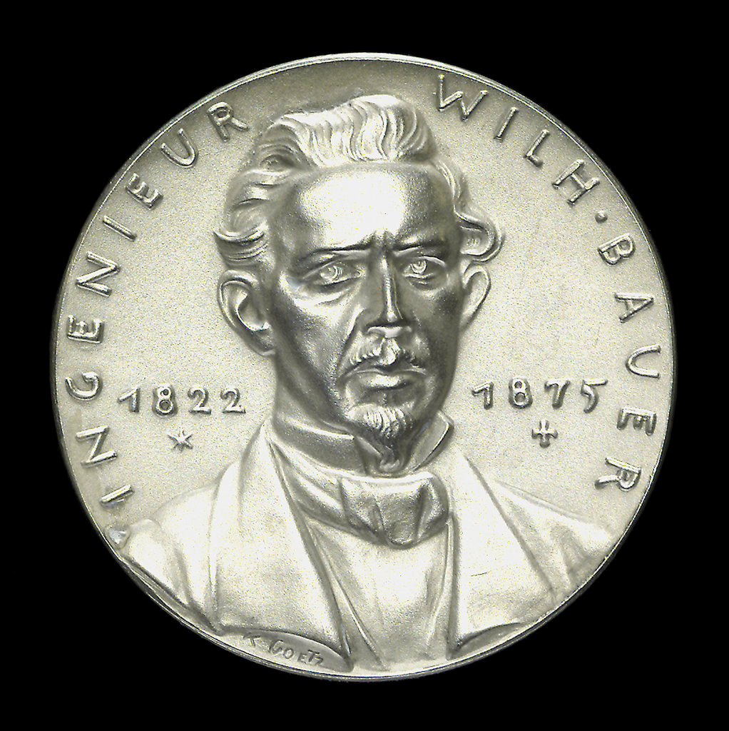Detail of Medal commemorating W. Bauer, Engineer (1822-1875), 60th anniversary of his death; obverse by Karl Goetz