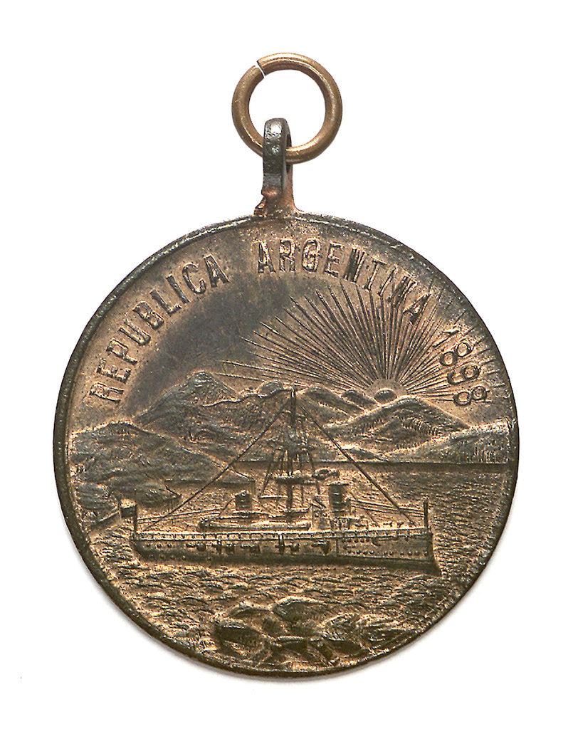 Detail of Patriotic subsciption medal depicting the arms of Entre Rios; reverse by B. Orzali & Co.
