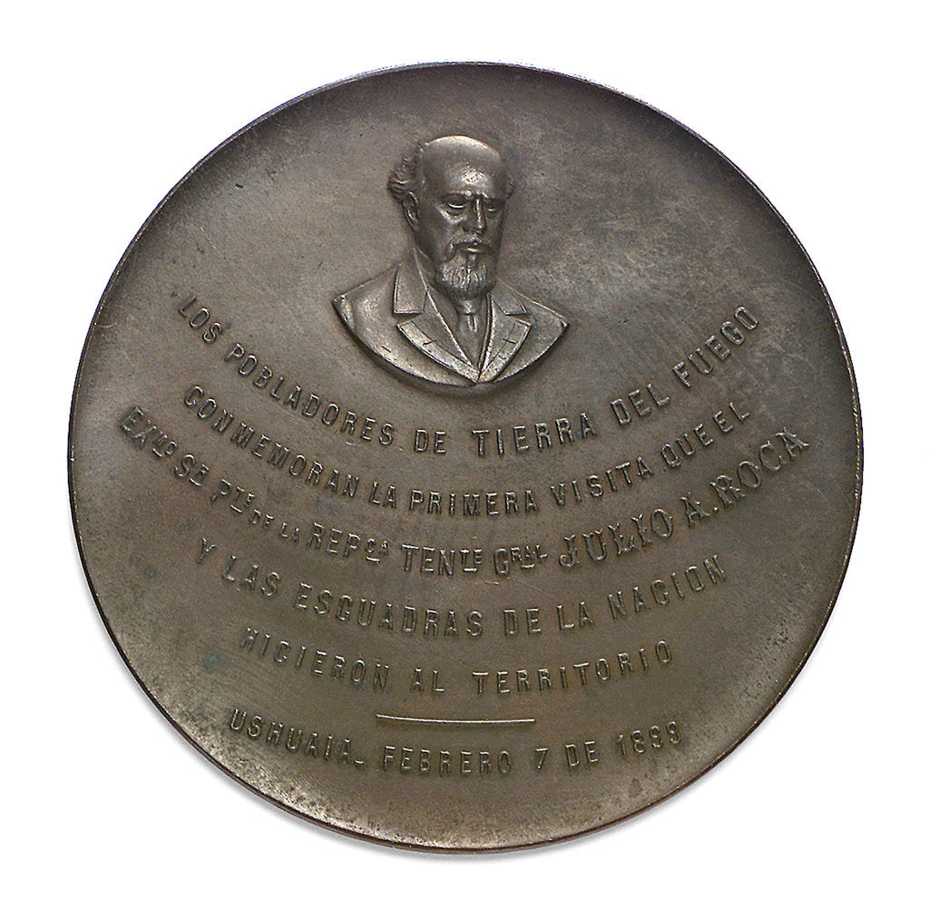 Detail of Medal commemorating the visit of President Roca and the Argentina Fleet to Terra del Fuego, 1899; obverse by Rossi Bellagamba