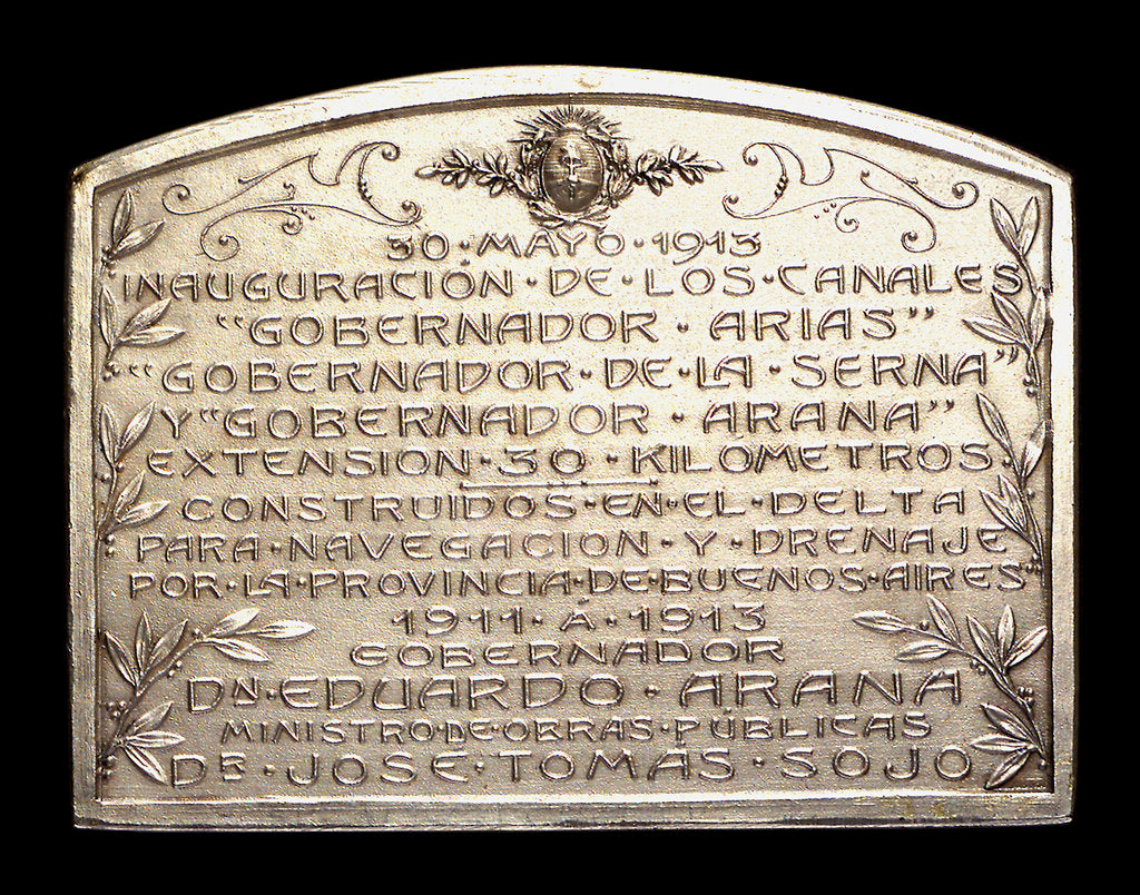 Detail of Plaque commemorating the inauguration of the canals Arias La Seina and Arana for navigation, 1913; reverse by J. J. Gottuzzo & Ca.