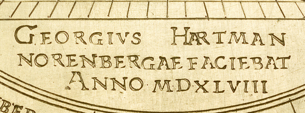 Detail of Astrolabe: signature beneath shadow square by Georgius Hartmann
