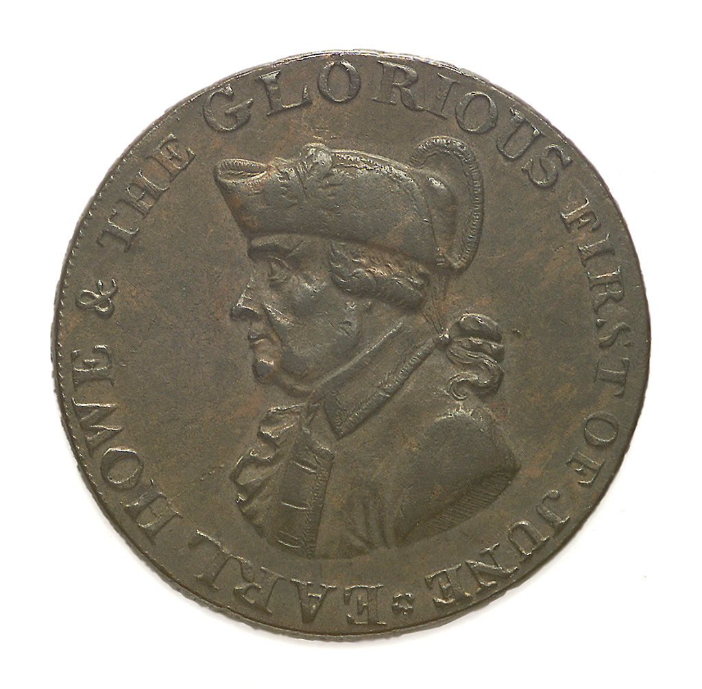 Detail of Emsworth halfpenny token commemorating Admiral of the Fleet Richard Howe (1726-1799) and the Glorious First of June, 1794; obverse by T. Wyon