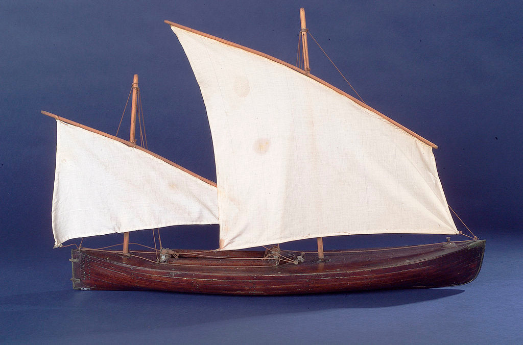 Detail of Full hull model, two masted open boat, starboard broadside by Unknown