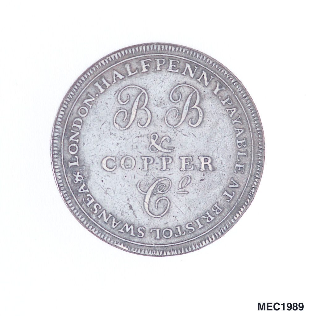 Detail of Bristol halfpenny token by T. Halliday