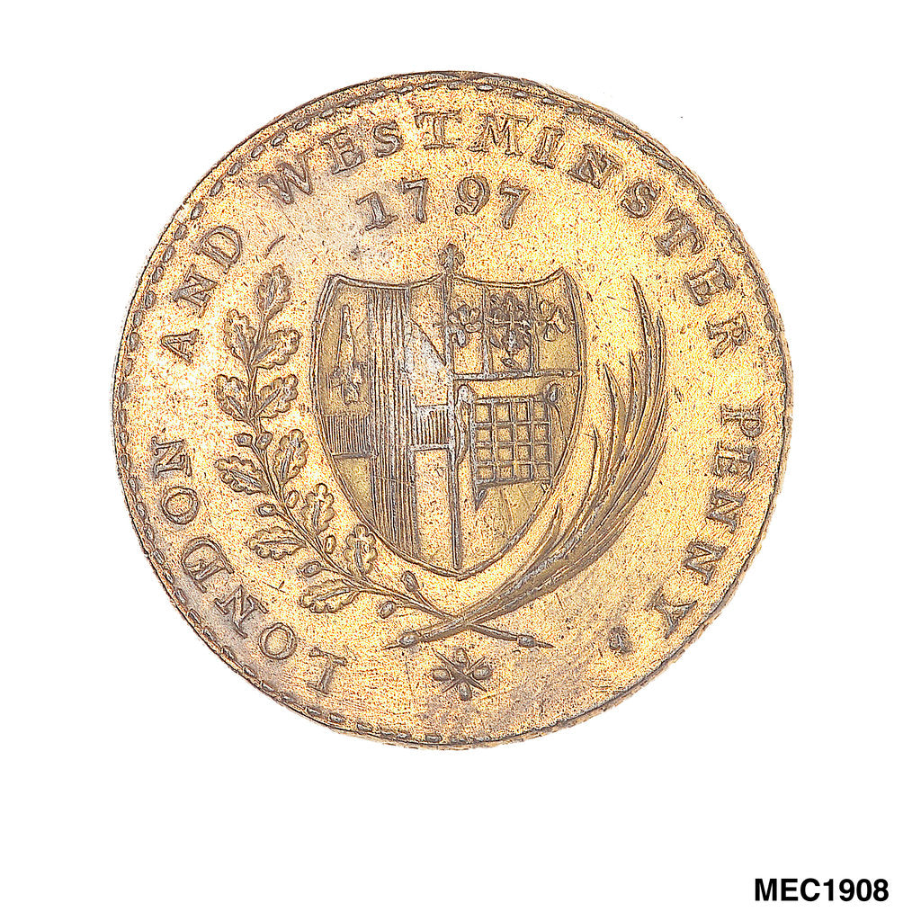 Detail of London and Westminster penny by Skidmore