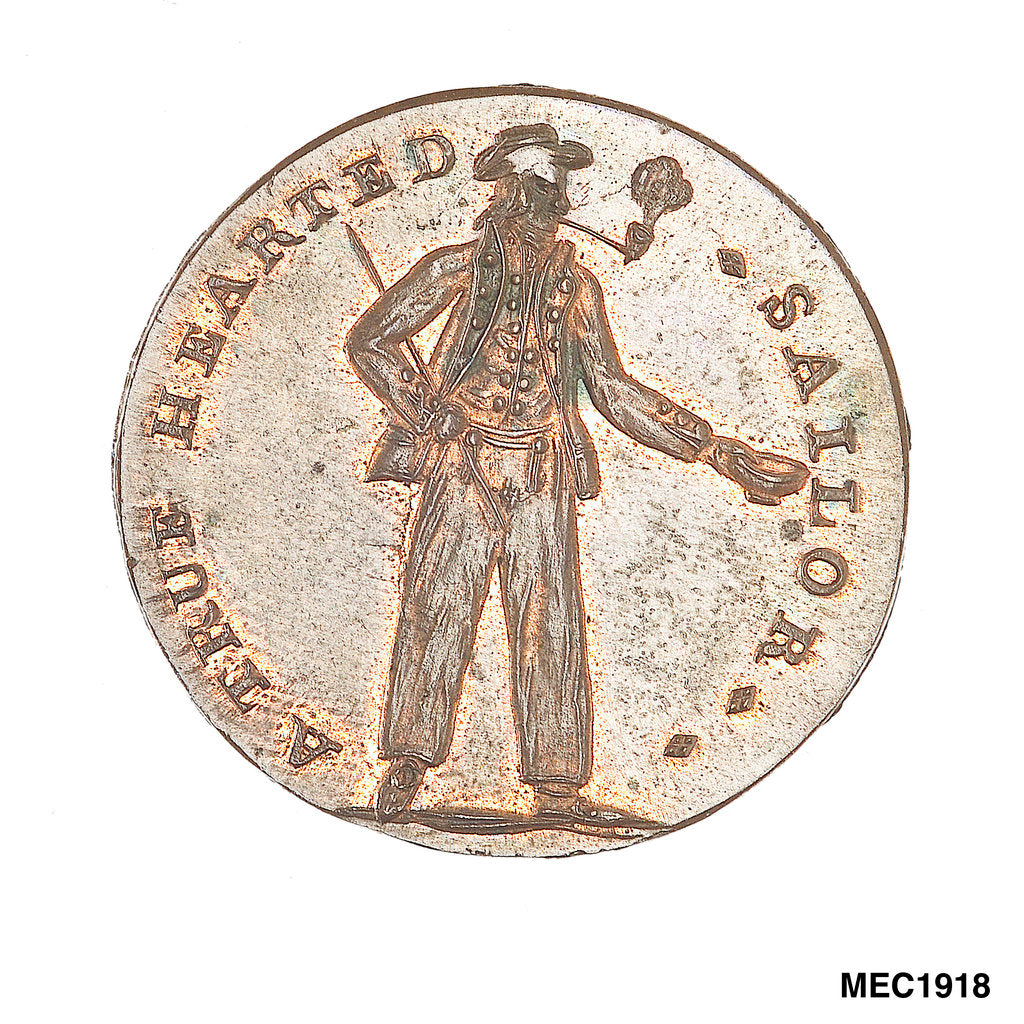 Detail of Spence's halfpenny token by C. James