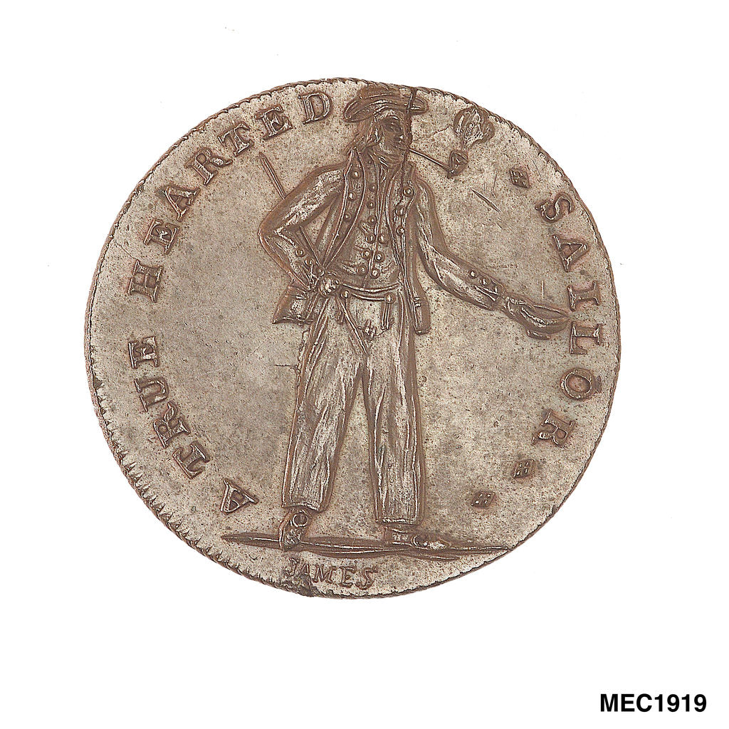 Detail of Spence's halfpenny token by C. James