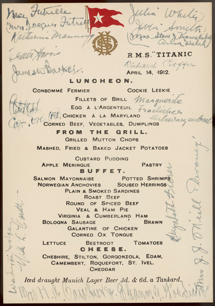 Detail of 'Titanic' luncheon menu, signed by passengers, 14 April 1912 by unknown