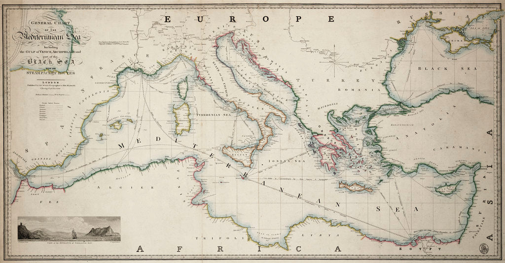 Detail of General chart of the Mediterranean Sea including the Gulf of Venice, Archipelago and part of the Black Sea with the steampacket routes by James Wyld