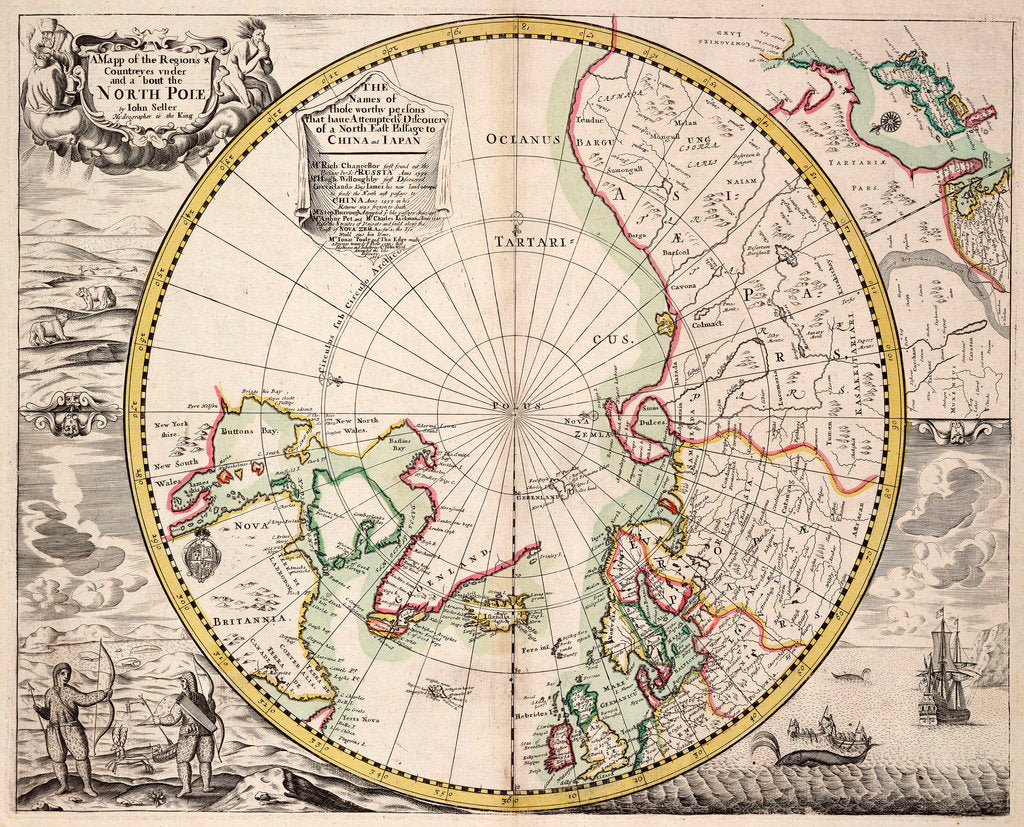 Detail of Polar projection map with Arctic Circle by John Seller